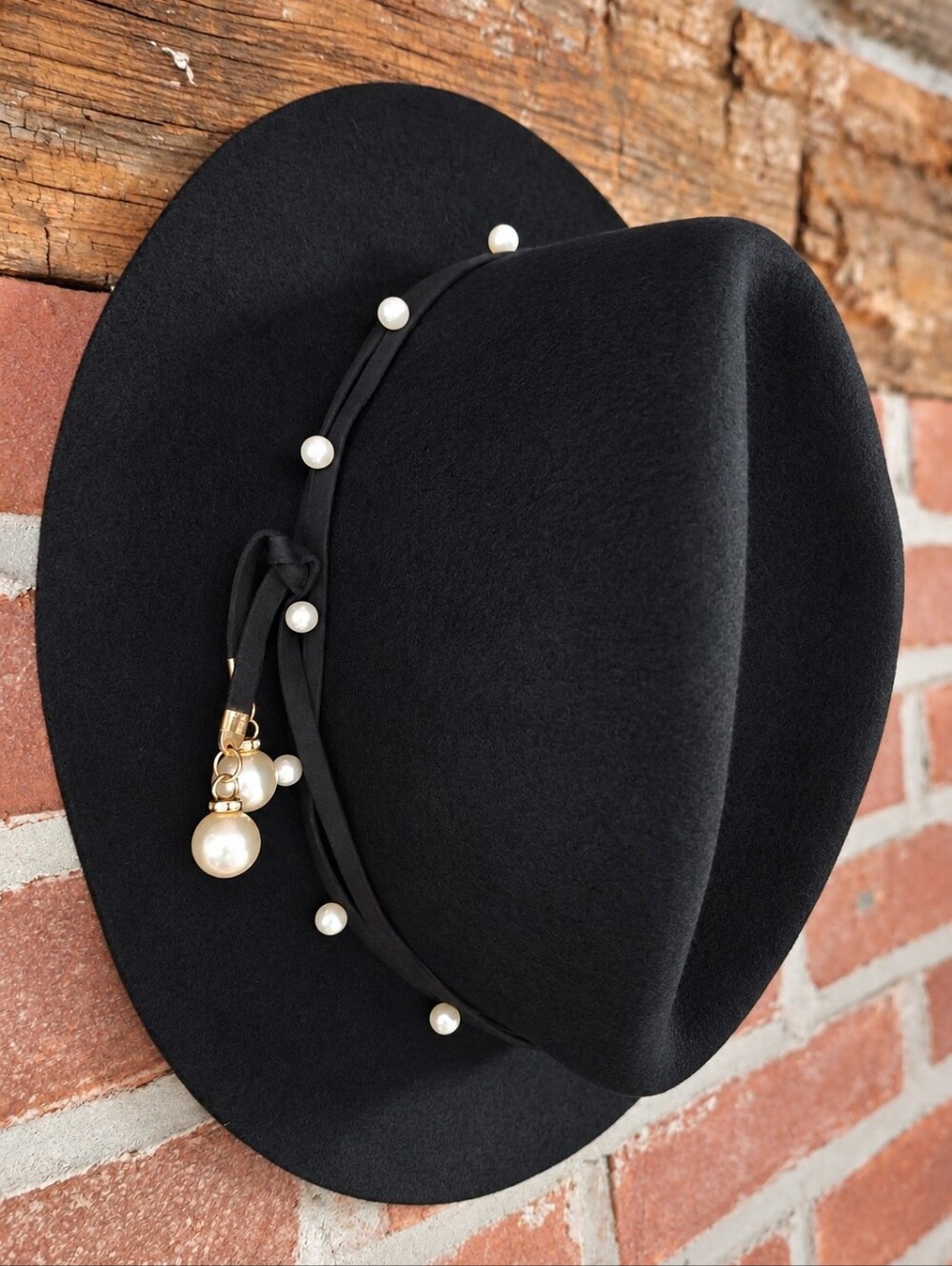 Filippo Catarzi Black Wool Pearl Fedora Made in Italy